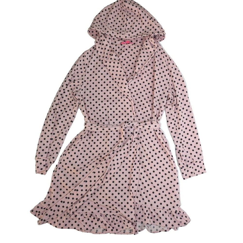 Betsey Johnson Pink Black Dots Hooded Belt Ruffle Pockets Robe Jacket M~So Soft!